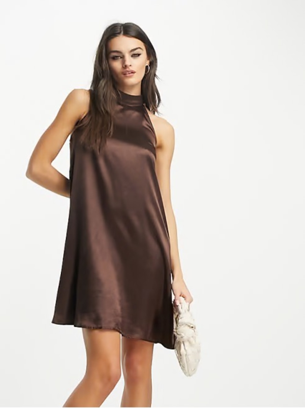 ASOS Satin High-Neck Sleeveless Mini Dress in Chocolate Brown